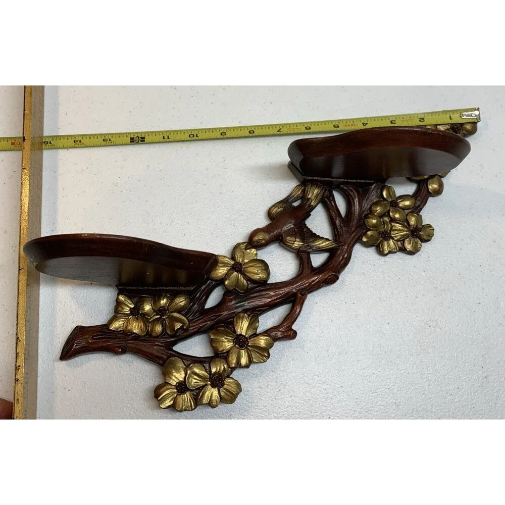 Vintage Bird Dogwood Wood Two Shelf Plate Rack Wall Display Asian Carved MCM